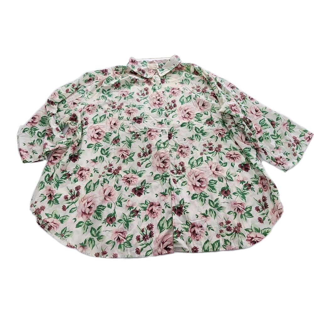 Roamans Vintage Women Plus 4X Floral Pink Green 90s Button Down Grandmacore
